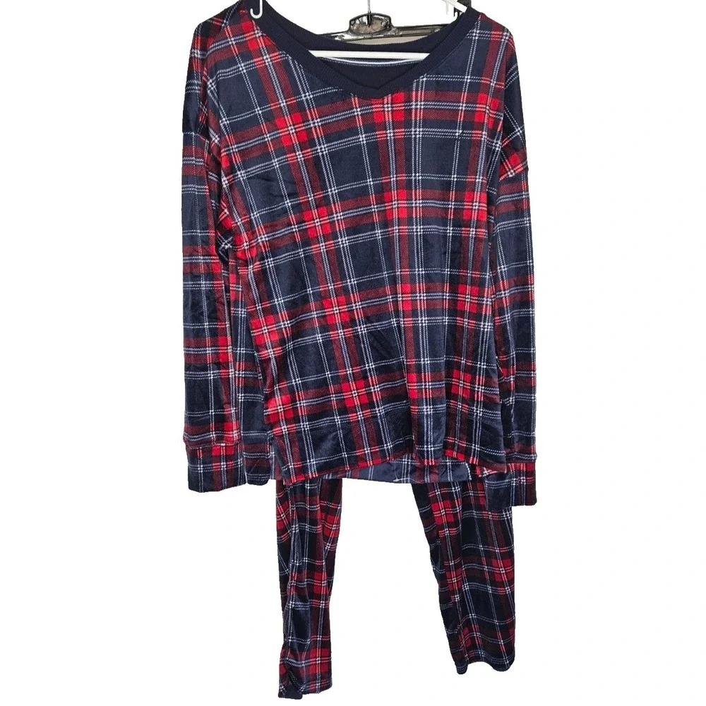 Nautica Pajama Set M Plaid Navy Red Stretch Sleepwear NWT Cozy Holiday‎